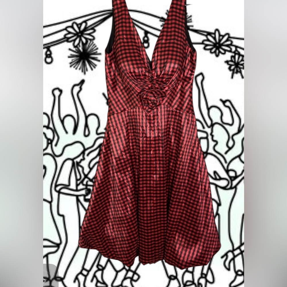 Joseph Ribkoff Red|Black Check Mini Dress with rosette and Bubble Hem, size 8